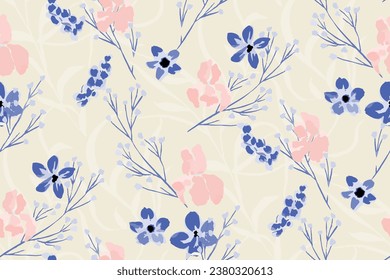 Abstract floral seamless pattern. Bright colors, painting on a light background. Cherry and iris blossoms.hand drawn, not AI