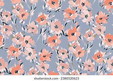 Abstract floral seamless pattern. Bright colors, painting on a light background. Cherry and iris blossoms.hand drawn, not AI