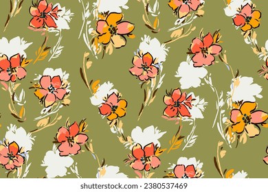 Abstract floral seamless pattern. Bright colors, painting on a light background. Cherry and iris blossoms.hand drawn, not AI