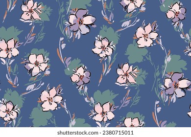 Abstract floral seamless pattern. Bright colors, painting on a blue background. Cherry and iris blossoms.hand drawn, not AI