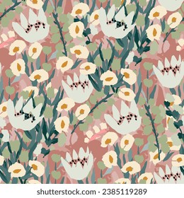 Abstract floral seamless pattern. Bright colors, gouache painting.hand drawn, not AI