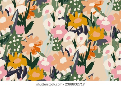 Abstract floral seamless pattern. Bright colors, gouache painting.hand drawn, not AI