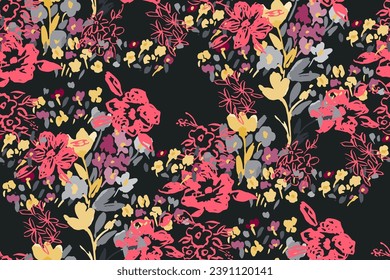 Abstract floral seamless pattern. Bright colors, gouache painting.hand drawn, not AI