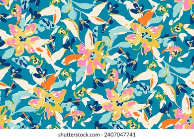 Abstract floral seamless pattern. Bright colors, gouache painting.hand drawn, not AI