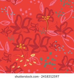 Resumen del patrón floral sin costuras. Luminoso, de colores pastel, con un cuadro de gouache. Esquema de líneas de contorno florales. Patrones de grietas
Líneas curvadas y trazos de pincel.