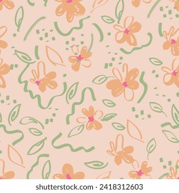 Abstract floral seamless pattern. Bright, pastel colors, gouache painting. Outline contour lines flowers. Scribble patterns
Curved lines and brush strokes.