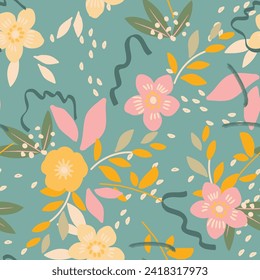 Abstract floral seamless pattern. Bright, pastel colors, gouache painting. Outline contour lines flowers. Scribble patterns
Curved lines and brush strokes.