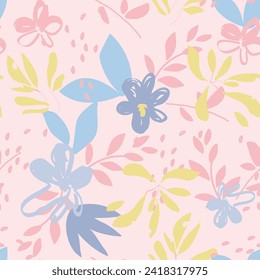 Abstract floral seamless pattern. Bright, pastel colors, gouache painting. Outline contour lines flowers. Scribble patterns
Curved lines and brush strokes.