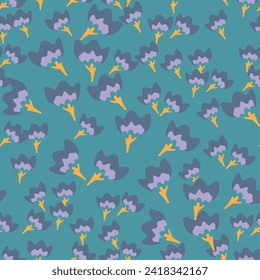 Abstract floral seamless pattern. Bright colors, gouache painting. Outline contour lines forming stylized flower petal with stem. Curved lines and brush strokes.