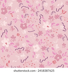 Abstract floral seamless pattern. Bright, pastel colors, gouache painting. Outline contour lines flowers. Scribble patterns Curved lines and brush strokes.