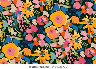 Abstract floral seamless pattern. Bright colors, gouache painting.hand drawn, not AI