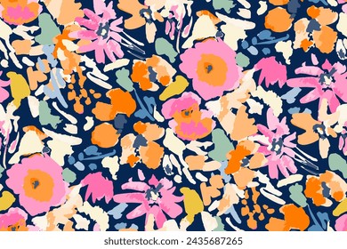 Abstract floral seamless pattern. Bright colors, gouache painting.hand drawn, not AI