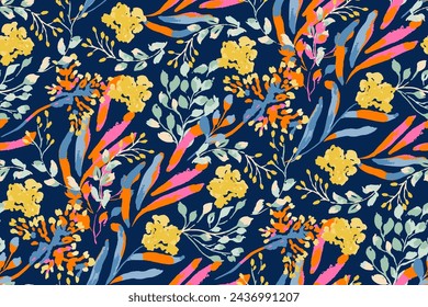 Abstract floral seamless pattern. Bright colors, gouache painting.hand drawn, not AI