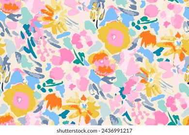 Abstract floral seamless pattern. Bright colors, gouache painting.hand drawn, not AI