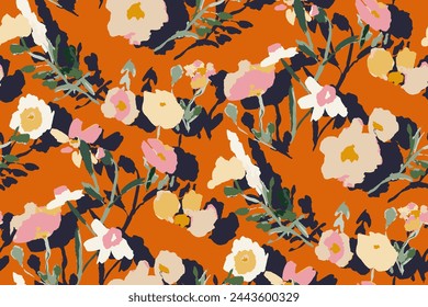 Abstract floral seamless pattern. Bright colors, gouache painting.hand drawn, not AI