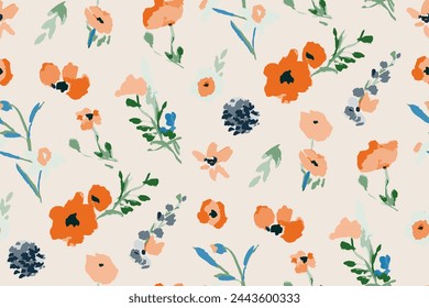 Abstract floral seamless pattern. Bright colors, gouache painting.hand drawn, not AI