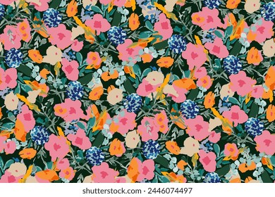 Abstract floral seamless pattern. Bright colors, gouache painting.hand drawn, not AI