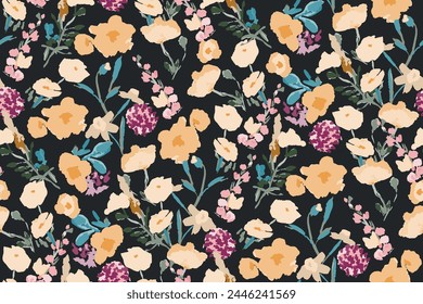 Abstract floral seamless pattern. Bright colors, gouache painting.hand drawn, not AI