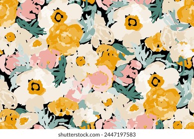 Abstract floral seamless pattern. Bright colors, gouache painting.hand drawn, not AI