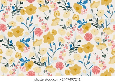 Abstract floral seamless pattern. Bright colors, gouache painting.hand drawn, not AI