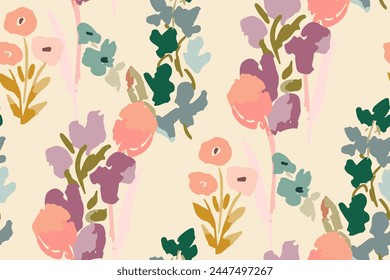 Abstract floral seamless pattern. Bright colors, gouache painting.hand drawn, not AI