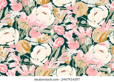 Abstract floral seamless pattern. Bright colors, gouache painting.hand drawn, not AI