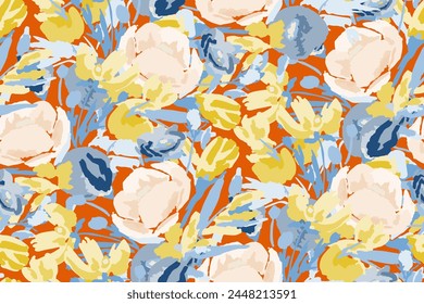 Abstract floral seamless pattern. Bright colors, gouache painting.hand drawn, not AI