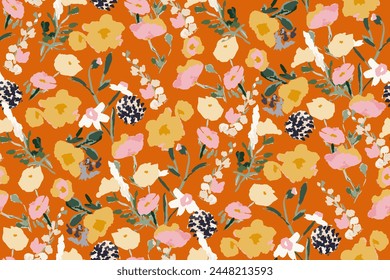Abstract floral seamless pattern. Bright colors, gouache painting.hand drawn, not AI