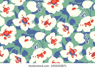 Abstract floral seamless pattern. Bright colors, gouache painting.hand drawn, not AI