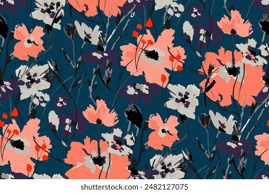 Abstract floral seamless pattern. Bright colors, gouache painting.hand drawn, not AI