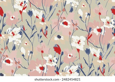 Abstract floral seamless pattern. Bright colors, gouache painting.hand drawn, not AI
