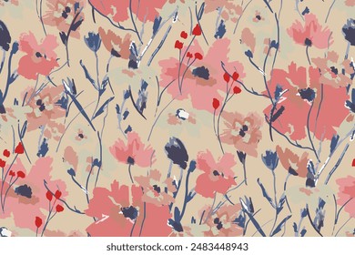 Abstraktes florales nahtloses Muster. Helle Farben, Gouache-Malerei. Handgezeichnet, keine KI