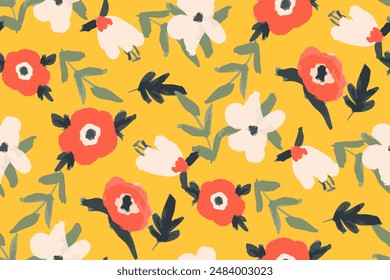 Abstract floral seamless pattern. Bright colors, gouache painting.hand drawn, not AI
