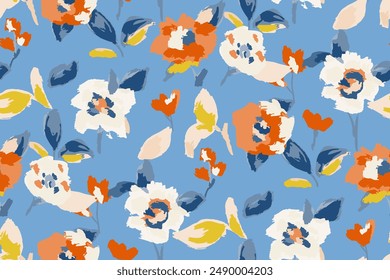 Abstract floral seamless pattern. Bright colors, gouache painting.hand drawn, not AI