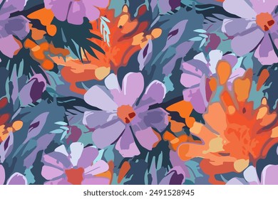 Abstract floral seamless pattern. Bright colors, gouache painting.