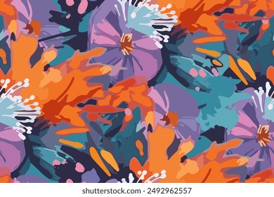 Abstract floral seamless pattern. Bright colors, gouache painting.