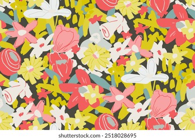 Abstract floral seamless pattern. Bright colors, gouache painting.hand drawn, not AI