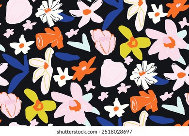 Abstract floral seamless pattern. Bright colors, gouache painting.hand drawn, not AI