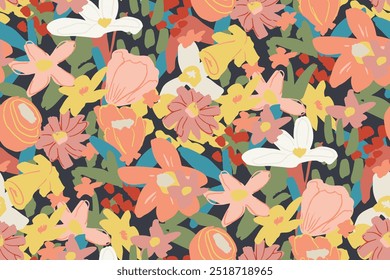 Abstract floral seamless pattern. Bright colors, gouache painting.hand drawn, not AI