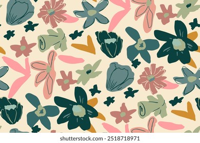 Abstractas patrón floral sin fisuras. Colores brillantes, pintura gouache. dibujado a mano, no AI