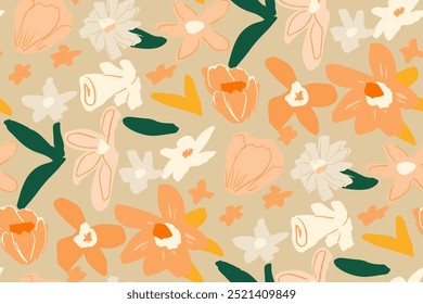 Abstract floral seamless pattern. Bright colors, gouache painting.hand drawn, not AI