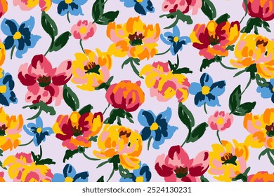 Abstract floral seamless pattern. Bright colors, gouache painting.hand drawn, not AI