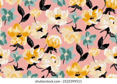 Abstract floral seamless pattern. Bright colors, gouache painting.hand drawn, not AI