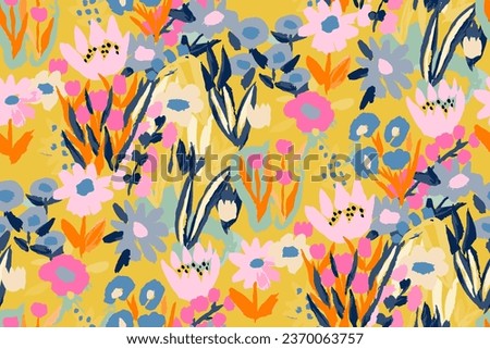 Abstract floral seamless pattern. Bright colors, gouache painting.hand drawn, not AI