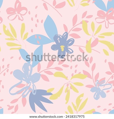 Abstract floral seamless pattern. Bright, pastel colors, gouache painting. Outline contour lines flowers. Scribble patterns
Curved lines and brush strokes.