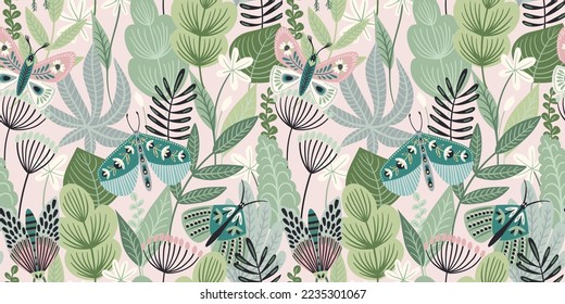 Abstract floral seamless pattern with butterflies and moths. Modern exotic design for paper, cover, fabric, interior decor and other use.