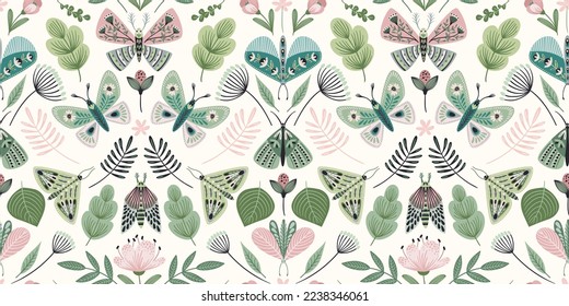 Resumen de patrón floral sin costuras con mariposas y polillas. Diseño exótico moderno para papel, cubierta, tela, decoración interior y otros usos.