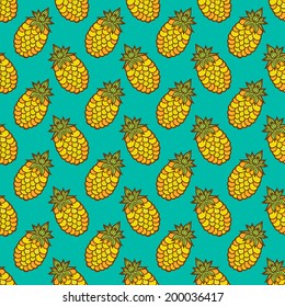 Abstract floral seamless pattern with cartoon pineapples. Fruits repeating background. Endless print texture. Fabric design. Wallpaper - vector 