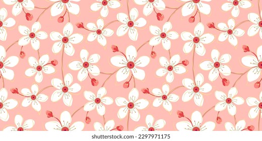 Abstract floral seamless pattern. Cherry blossom, flowers  hand drawing background. Spring sakura flower branches print design