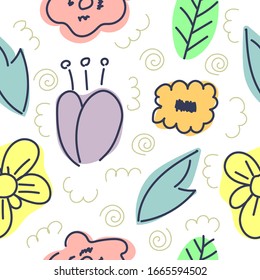 Patrón abstracto floral sin fisuras. Manchas de color con líneas azules oscuras. Ilustración vectorial moderna y plana para diseño de impresión, tela y textil.